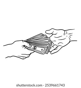 Hands giving money bills to another hand. Paying with money concept, vector illustration of drawing.
