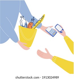 Hands giving order to customer to hand holding phone. Contactless payment system or technology. Food delivery service. Vector Illustration of online shopping with credit card.