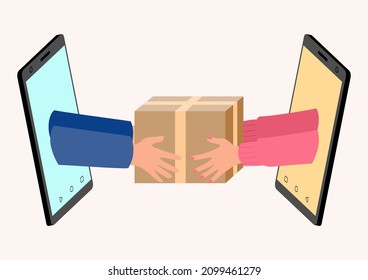 Hands giving a package through smart phone, online shopping concept, simple flat vector illustration