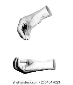 Hands giving, and palm taking and getting isolated on white background. Halftone dotted retro style vector