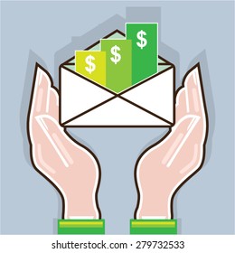 Hands giving receiving checks inside an envelope