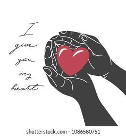 Hands giving red heart, hands holding a heart as safety concept, vector illustration.