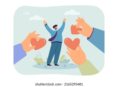 Hands giving red hearts to winning man. Recognition and congratulation of best employee by corporate people flat vector illustration. Leadership concept for banner, website design or landing web page