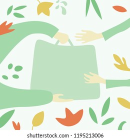 Hands giving and taking a bag. Gift concept vector illustration in light pastel colors. 