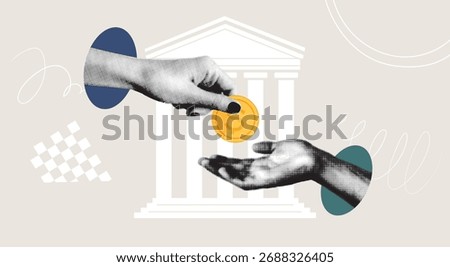 Hands giving and taking money in front of a bank building. A modern vector collage with trendy halftone elements. Finance, banking, and investment concept for design and print.
