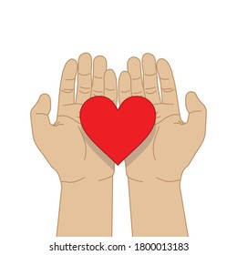 mano dando o tomando corazón rojo, ilustración vectorial 