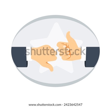 Hands giving thumbs up and thumbs down in a rating icon with star background