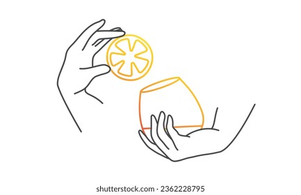 Hands with glass and lemon. Hand drawn vector illustration.