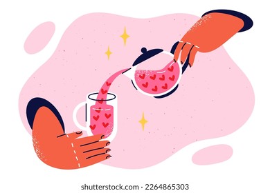 Hands with glass and teapot filled with hearts symbolizing love potion to create love couples with romantic relationship. Delicious drink for romantic date pours from teapot into glass