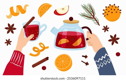 Hands with glass and teapot with mulled wine. Winter drinks. Ingredients - fruits, spices. Illustration on white background.