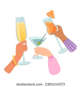 Hands with glasses of alcohol cocktails and drinks vector illustration. Friends holding goblets with champagne, martini, aperol. People celebrating holiday with toasts and cheering. Party, bar, event.