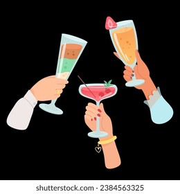 Hands with glasses of alcohol cocktails and drinks vector illustration. Friends holding goblets with margarita, aperol, cocktail. People celebrating event with toasts and cheering. Party, bar concept.