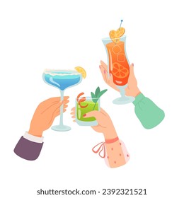 Hands with glasses of alcohol cocktails and drinks vector illustration. Friends holding goblets with margarita, mojito, aperol. People celebrating holiday with toasts and cheering. Party, event, bar.