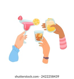 Hands with glasses of alcohol cocktails and drinks vector illustration. Friends holding goblets with wine, whisky,daiquiri. People celebrating holiday with toasts and cheering. Party, bar, event.