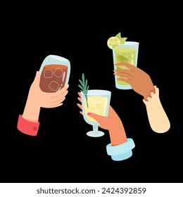 Hands with glasses of alcohol cocktails and drinks vector illustration. Friends holding goblets with wine, whisky, mojito. People celebrating holiday with toasts and cheering. Party, event, concept.