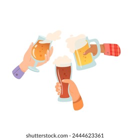 Hands with glasses of alcohol cocktails and drinks vector illustration. Friends holding mugs and goblets with beer. People celebrating with toasts and cheering together. Party, event, bar, pub.