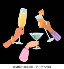 Hands with glasses of alcohol cocktails and drinks vector illustration. Friends holding goblets with champagne, martini, aperol. People celebrating holiday with toasts and cheering. Party, bar, event.
