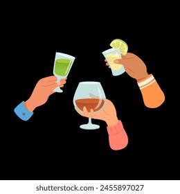 Hands with glasses of alcohol cocktails and drinks vector illustration. Friends holding goblets with wine, drink, mojito. People celebrating holiday with toasts and cheering. Party, event, bar, pub.