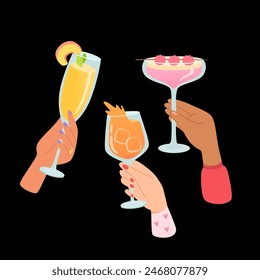 Hands with glasses of alcohol cocktails and drinks vector illustration. Friends holding goblets with champagne, margarita, aperol. People celebrating holiday with toasts and cheering. Party, bar.