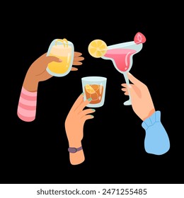 Manos con copas de cócteles alcohólicos y bebidas de Ilustración vectorial. Amigos sosteniendo copas con vino, whisky, daiquiri. Personas celebrando la festividad con brindis y vítores. Fiesta, bar, evento.