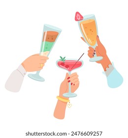 Hands with glasses of alcohol cocktails and drinks vector illustration. Friends holding goblets with margarita, aperol, cocktail. People celebrating event with toasts and cheering. Party, bar concept.