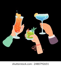 Manos con copas de cócteles alcohólicos y bebidas de Ilustración vectorial. Amigos sosteniendo copas con margarita, mojito, aperol. Personas celebrando la festividad con brindis y vítores. Fiesta, evento, bar.