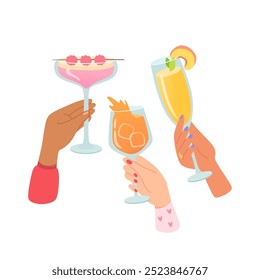 Manos con copas de cócteles y bebidas alcohólicas de Ilustración vectorial. Amigos sosteniendo copas con champán, margarita, aperol. Personas celebrando las fiestas con brindis y vítores. Fiesta, bar.