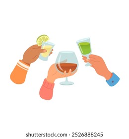 Manos con copas de cócteles y bebidas alcohólicas de Ilustración vectorial. Amigos sosteniendo copas con vino, bebida, mojito. Personas celebrando las fiestas con brindis y vítores. Fiesta, evento, bar, pub.