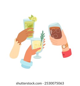 Manos con copas de cócteles y bebidas alcohólicas de Ilustración vectorial. Amigos sosteniendo copas con vino, whisky, mojito. Personas celebrando las fiestas con brindis y vítores. Fiesta, evento, bar.