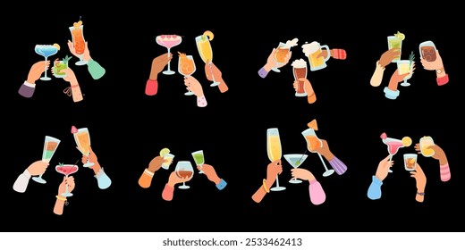 Manos con vasos de cócteles y bebidas alcohólicas Ilustración vectorial set. Amigos sosteniendo copas y tazas con champán, vino, cerveza, martini. Personas celebrando con brindis y vitoreando. Fiesta