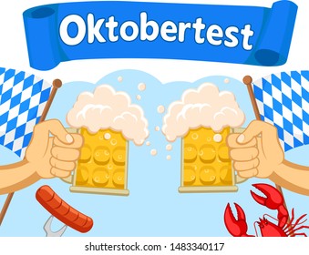 Hands with glasses of beer clink against a blue background. Oktoberfest