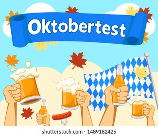 Hands with glasses and bottles of beer against the autumn sky. Oktoberfest.