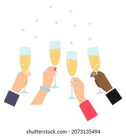 Manos con vasos de champán. Ilustración vectorial plana.