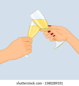 Hands with glasses of champagne are toasting
