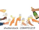 Hands with glasses and champagne vector border. 3D Illustration