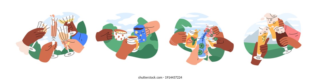 Hands with glasses and cups of champagne, wine, beer, cocktail and tea in nature, cheers and drinking toast outdoors. Colored graphic flat cartoon vector illustration isolated on white background