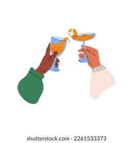 Hands with glasses. Drinking toast cheers to celebrate, friends gathering together with cocktail. Vector cartoon graphic