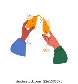 Hands with glasses. Drinking toast cheers to celebrate, friends gathering together with cocktail. Cartoon vector graphic