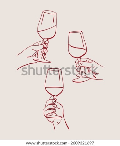 Hands with glasses, festive illustration in doodle style.