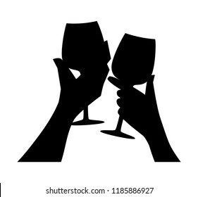 Hands with glasses. Man and woman clanging wine glasses with champagne. Silhouette vector illustration