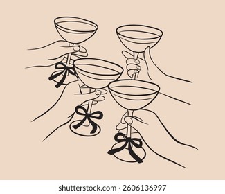 Hands with glasses of wine; Сocktails Alcohol with hands. Wedding feast. Party. Alcoholic drinks