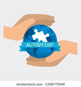 hands with global map and puzzle to autism day