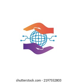Hands global technology logo design vector
