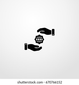 hands and globe icon. vector sign symbol on white background