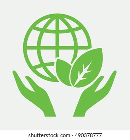 hands with globe planet network eco care icon simple green on white background