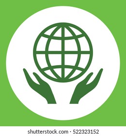 hands with globe planet network eco care simple green icon in white circle