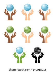 Hands and globe, set of graphics
