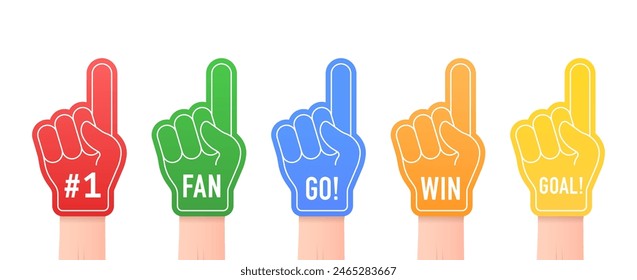 Hands up with glove with number one, stadium supporter pride accessory, football victory symbol, success vector concept. Number one fan glove, sign of support for sports concept. Vector illustration