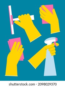 Hands in gloves cleaning with spray, squeegee, microfiber cloth and sponge. Flat illustration of disinfecting cleanup with detergent. Clean home and housekeeping concept.