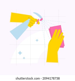 Hands in gloves cleaning with spray tile surface. Flat illustration of disinfecting cleanup with microfiber and detergent. Clean home and housekeeping concept.